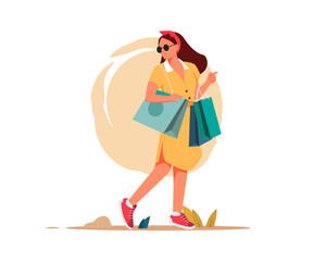 Flat illustration vector graphic of young attractive fashionable woman holding packages with clothes after shopping. Concept girl character with perfect style.
