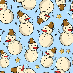 Christmas and winter seamless pattern with snowmen on blue background. Good for holiday's wrapping paper, scrapbooking, textile prints, wallpaper, digital paper, etc. 