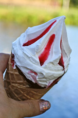 cone ice cream cherry jam waffle cup