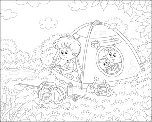 Fototapeta premium Cheerful little kids tourists with a merry pup resting in their camp tent a pretty small lake in countryside on summer vacation, black and white vector cartoon illustration for a coloring book page