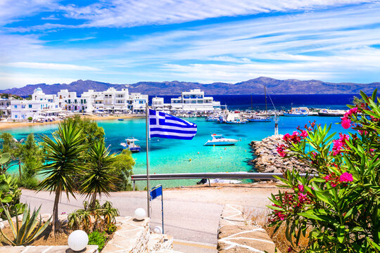 Greece holidays, Cyclades, Paros island beaches and sea. Scenic tranquil coastal village Piso Livadi with turquoise sea