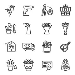 Collection simple monochrome flower shop icon vector illustration florist, greeting bouquet,