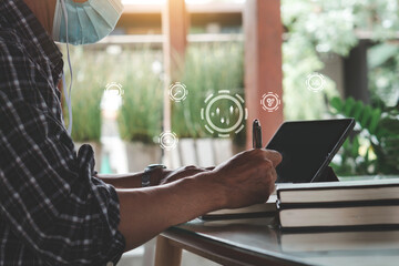 Digital transformation concept, business man working with tablet, hand holding pen.