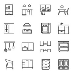Collection of linear kitchen furniture icon vector illustration comfortable home cuisine furnishing
