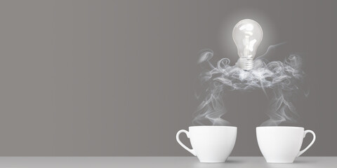 Idea birth. Business communication and creativity. Two coffee cups with bulb on cloud made of steam. Group training, brainstorming, business coaching