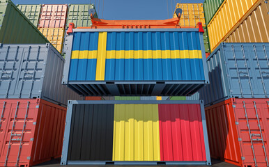 Freight containers with Sweden and Belgium national flags. 3D Rendering 