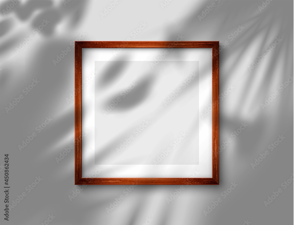 Wall mural realistic brown picture frame with blank pano for your design. frame with overlay tropical shadow fr
