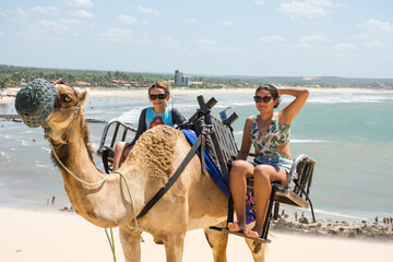 Jovens turistas em camelo na praia 
