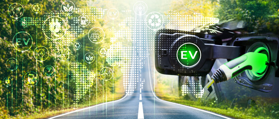 Charge EV electric car hybrid technology concept. Station drive clean energy nature with map icon...