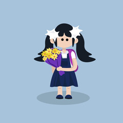 Schoolgirl in a school uniform and flowers, bows, a backpack. Vector graphics. September 1