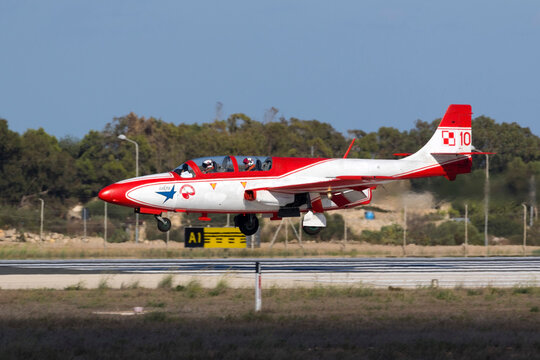 Luqa, Malta September 22, 2016: Polish Air Force PZL-Mielec TS-11 Iskra arriving for the airshow the coming weekend.