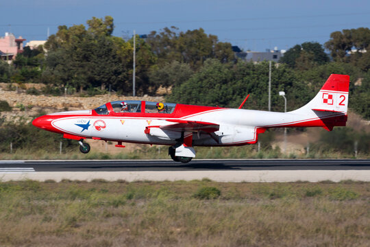 Luqa, Malta September 22, 2016: Polish Air Force PZL-Mielec TS-11 Iskra arriving for the airshow the coming weekend.