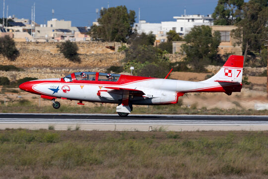 Luqa, Malta September 22, 2016: Polish Air Force PZL-Mielec TS-11 Iskra arriving for the airshow the coming weekend.