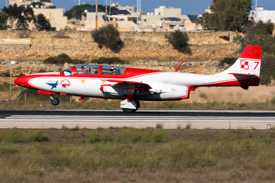 Luqa, Malta September 22, 2016: Polish Air Force PZL-Mielec TS-11 Iskra arriving for the airshow the coming weekend.