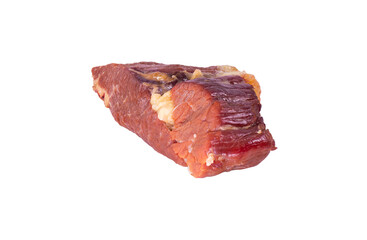 The bright red beef is cut into cubes and prepared for cooking. Clipping path.