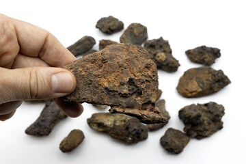 Showing to the camera a rock called hematite, limonite or magnetite, used by the industry to obtain iron