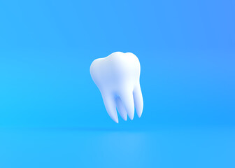 White tooth flying on a blue background. Concept of dental examination teeth, dental health and hygiene. 3d render illustration