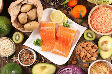 health food selection- fish, fruit and vegetable