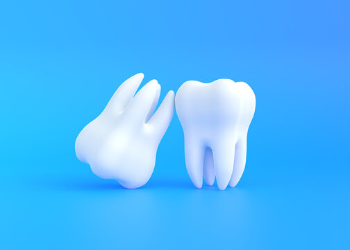 Two white tooth on a blue background. Concept of dental examination teeth, dental health and hygiene. 3d render illustration