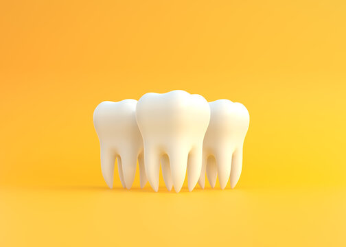 Three white tooth on a yellow background. Concept of dental examination teeth, dental health and hygiene. 3d render illustration