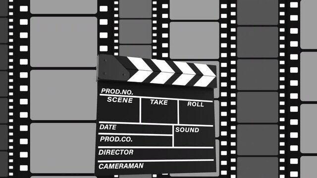 Clapboard doing Action against black film strip moving on the white background