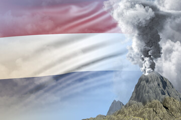 stratovolcano blast eruption at day time with white smoke on Netherlands flag background, problems of eruption and volcanic ash conceptual 3D illustration of nature