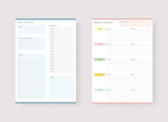 Modern planner template set. Set of planner and to do list. Daily and weekly planner template. Vector illustration.

