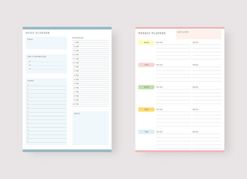 Modern planner template set. Set of planner and to do list. Daily and weekly planner template. Vector illustration.
