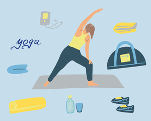 A girl does yoga at home, a collection of elements for yoga classes, a woman does sports at home, meditation, relaxation process, in the gym, cartoon illustration, vector, fitness and sports at home