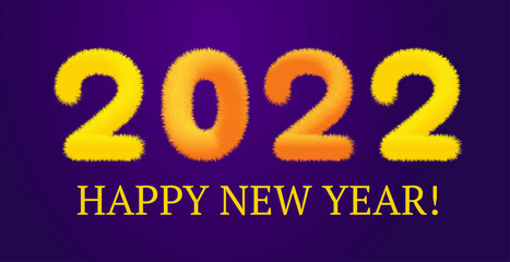 2022 Happy New Year. Creative concept design template with colorful fluffy logo 2022 for celebration and season decoration. Colored vector trendy background for branding, poster, calendar, banner.