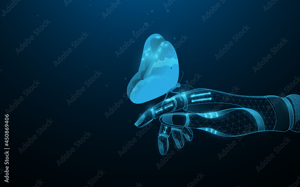 Poster a butterfly sitting on a robotic hand. the symbol of the link between natural and artificial intelli
