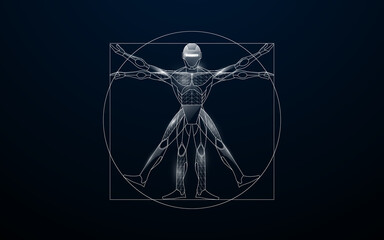 Vitruvian man with a cyborg from lines, triangles, and particle style design. Illustration vector