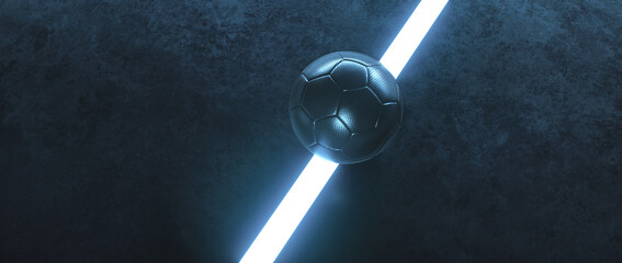 Blue futsal soccer field with ball in the center and light glowing lines background