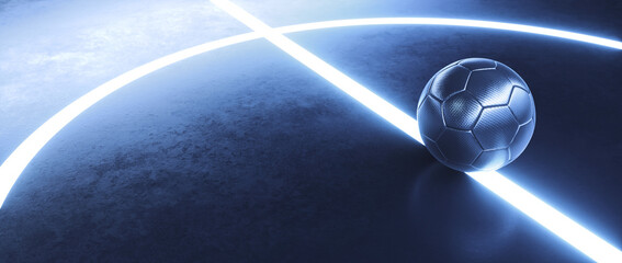 Blue futsal ball in the center of a futuristic indoor soccer field with glowing white lines...