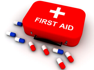 3d rendering first aid box with pills