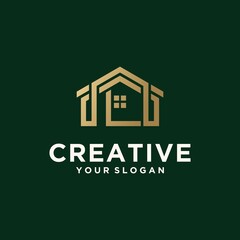 Modern house architecture logo, building logo with modern line art design in luxurious and trendy gold color