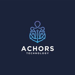 Anchor technology logo icon design template, business symbol or sign. anchor technology vector, navy ship anchor template design logotype