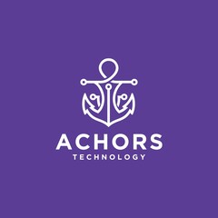 Anchor technology logo icon design template, business symbol or sign. anchor technology vector, navy ship anchor template design logotype