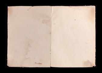 An open book, old worn out paper sheets, sepia colors, isolated on a black background.
