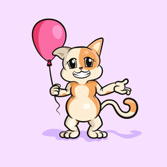 Cute kitten cat holding A red balloon isolated vector illustration design