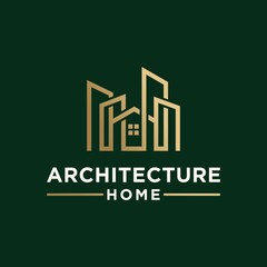Modern house architecture logo, building logo with modern line art design in luxurious and trendy gold color