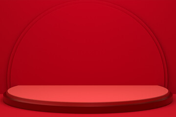 minimal podium or pedestal display on red background for cosmetic product presentation
