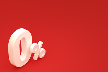 Zero percentage sign and sale discount on red background with special offer rate. 3d rendering