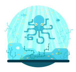 Big blue octopus, flat vector illustration, aquatic fauna. 
