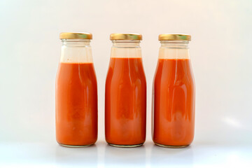 Orange iced milk tea is contained in 3 glass jars placed on a white background.