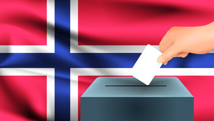 Norway flag, male hand voting with Norway flag concept idea background