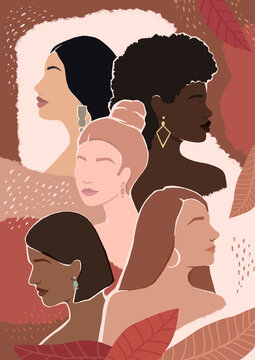 women of different ethnic groups together in autumn. modern flat illustration with fall  leaves and various faces for poster, banner or postcard.