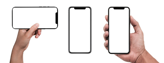Obraz na płótnie Canvas Smartphone similar to iphone 12 with blank white screen for Infographic Global Business Marketing Plan, mockup model similar to iPhone isolated Background of digital investment economy - Clipping Path