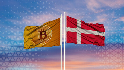 The flag of denmark and the Bitcoin . flags are waving over the blue sky.The concept of blockchain, bitcoin, currency decentralization in the country.