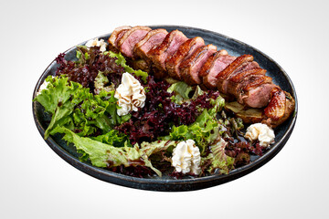 Duck breast with lettuce and cream cheese. On a white background